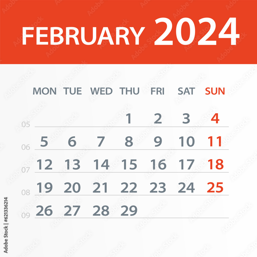 February 2024 Calendar Leaf - Vector Illustration. Week starts on Monday February 2024 Calendar Leaf - Vector Illustration. Week starts on Monday
