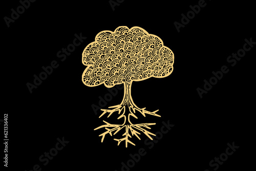 Zentangle art for tree with roots with gold color isolated on dark black background - vector illustration