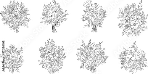 Minimalist black and white collection vintage  hand-drawn flowers in contemporary line art ink  creating a retro timeless bundle shapes doodle design elements. Exotic jungle leaves and plants