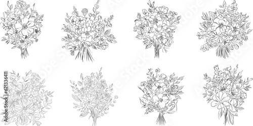 Minimalist black and white collection vintage  hand-drawn flowers in contemporary line art ink  creating a retro timeless bundle shapes doodle design elements. Exotic jungle leaves and plants