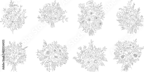 Flower bouquet  Minimalist black and white collection vintage  hand-drawn flowers in contemporary line art ink  creating a retro timeless bundle shapes doodle design element.