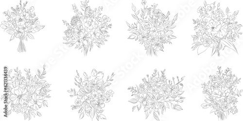 Flower bouquet  Minimalist black and white collection vintage  hand-drawn flowers in contemporary line art ink  creating a retro timeless bundle shapes doodle design element.