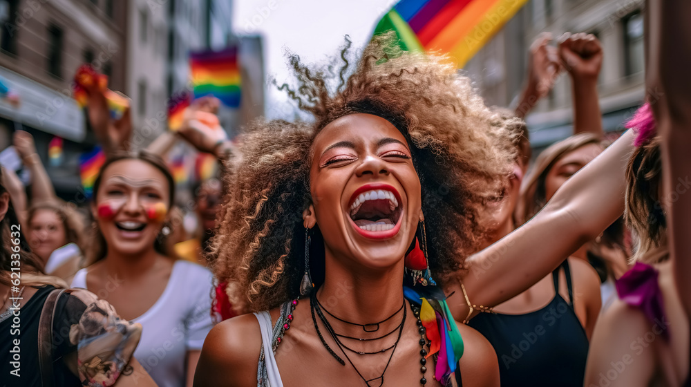 Fototapeta premium smiling woman celebration at lgbt pride parade, made with Generative AI