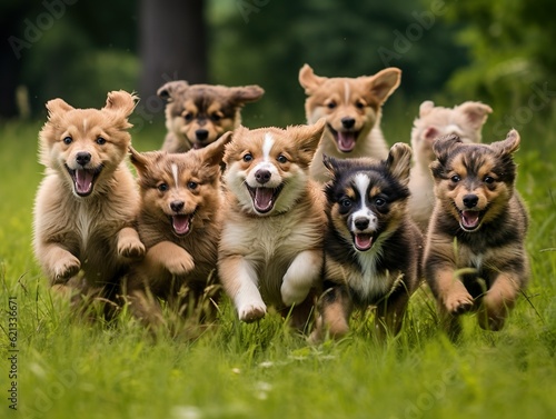 In this heartwarming image, a group of lively and energetic puppy babies frolic in a lush green meadow.