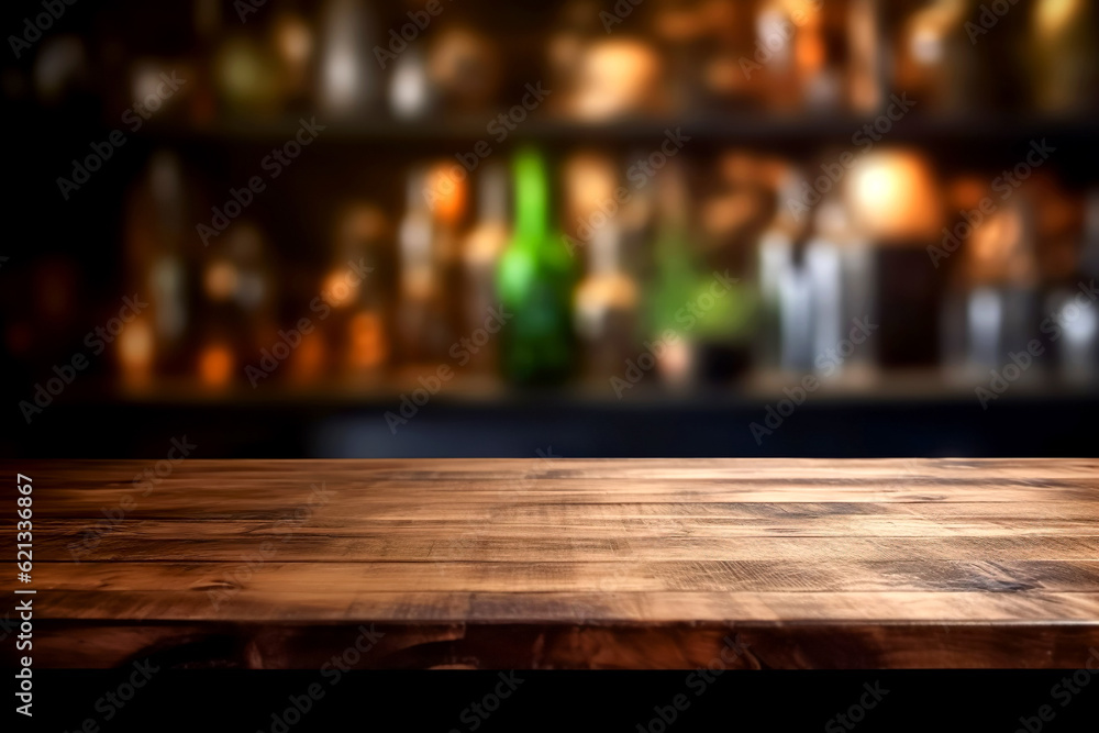 Wooden texture table top on blurred kitchen interior background. Epmty template for product display. Generative Ai