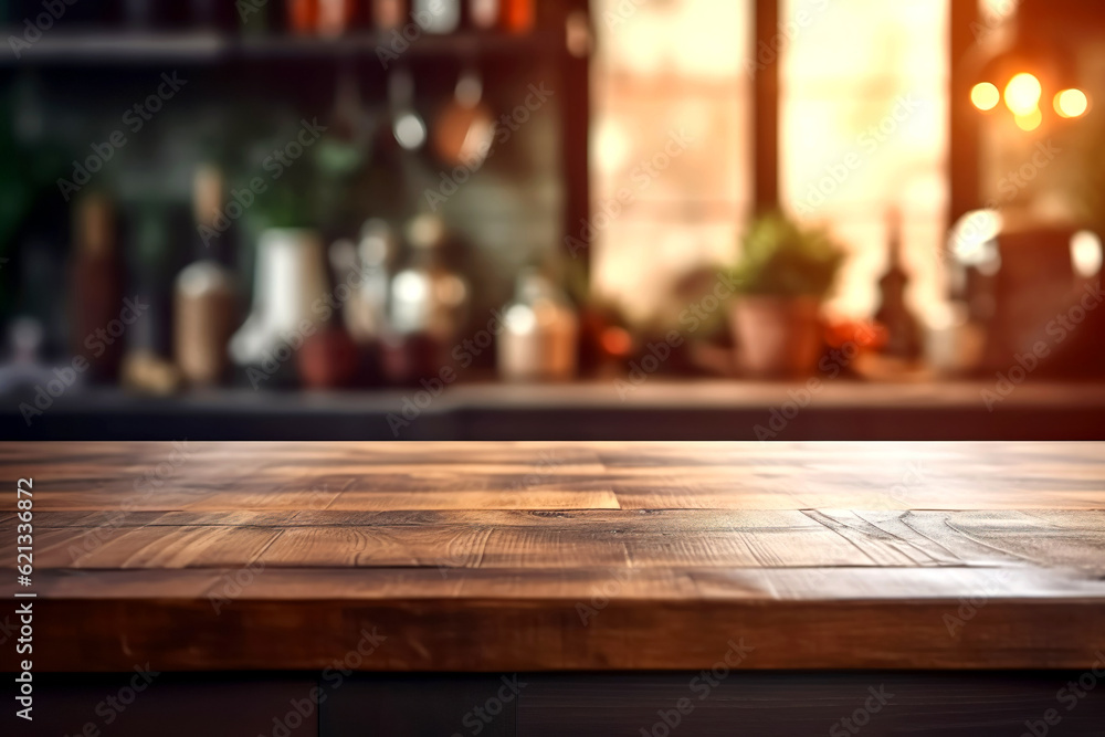 Wooden texture table top on blurred kitchen interior background. Epmty template for product display. Generative Ai