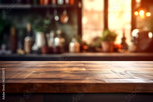 Wooden texture table top on blurred kitchen interior background. Epmty template for product display. Generative Ai