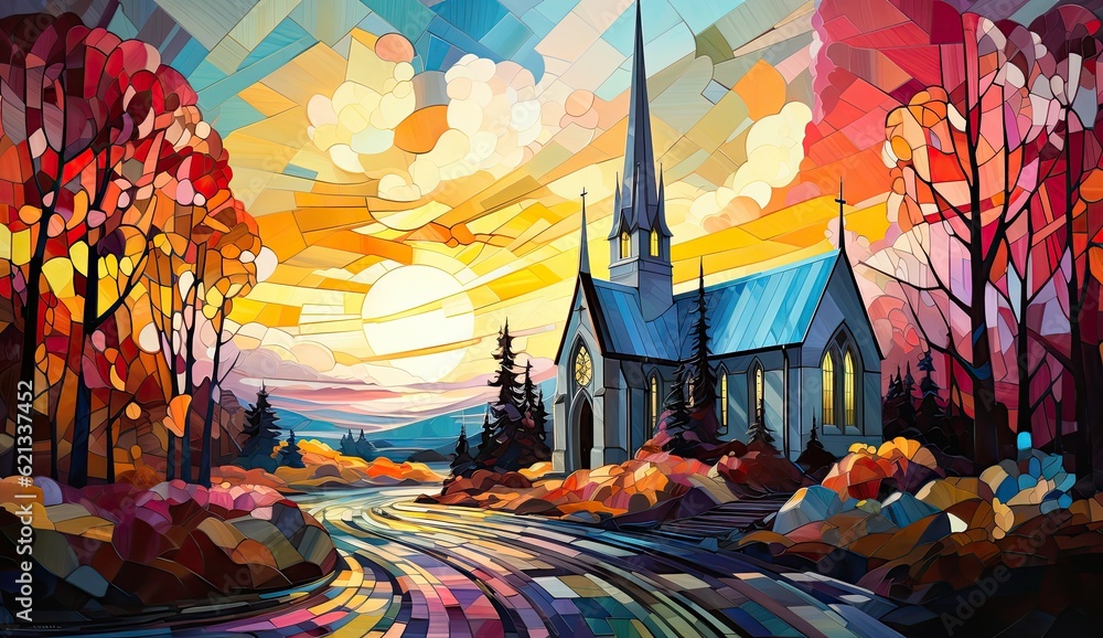 very colorful painting of a church
