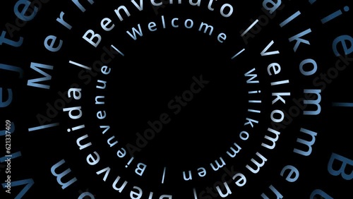 Welcome words in different european languages like swedish czech danish turkish german portugues spanish rumanian frensh and polish multi-lingual word circles spinning around copy space date or logo photo