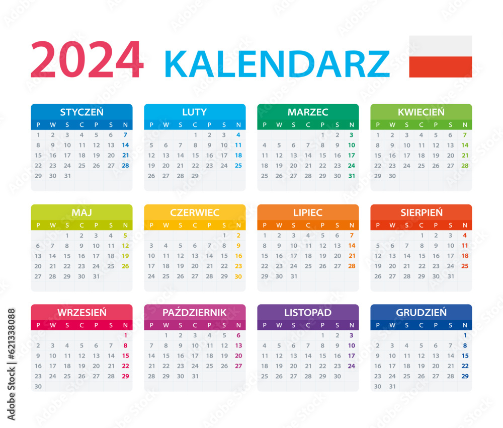 Vector template of color 2024 calendar - Turkish version