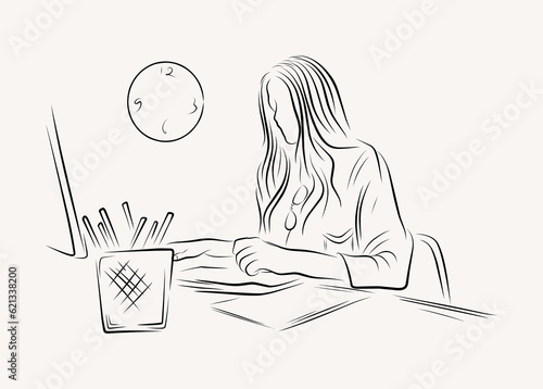 graphic designer working on a computer line art illustration