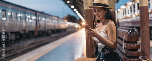 Cheerful young Hispanic Brunette woman sitting on bench on station platform using phone