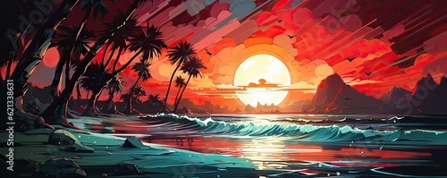 Abstract painting of beach and palm trees