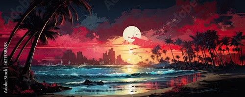 Abstract painting of beach and palm trees