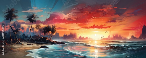 Abstract painting of beach and palm trees