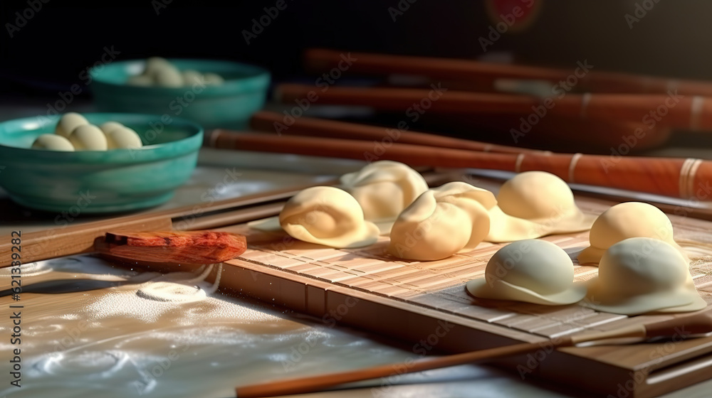 Cutting board with raw dumplings. Generative ai Cutting board with raw dumplings. Generative ai