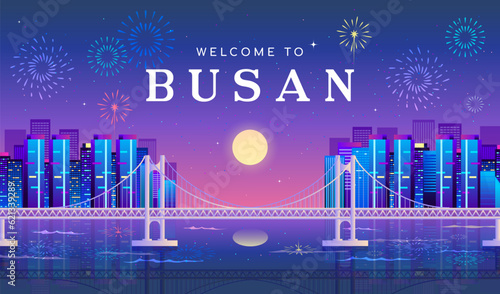 Welcome to Busan poster vector illustration. Beautiful Busan night city landscape.
