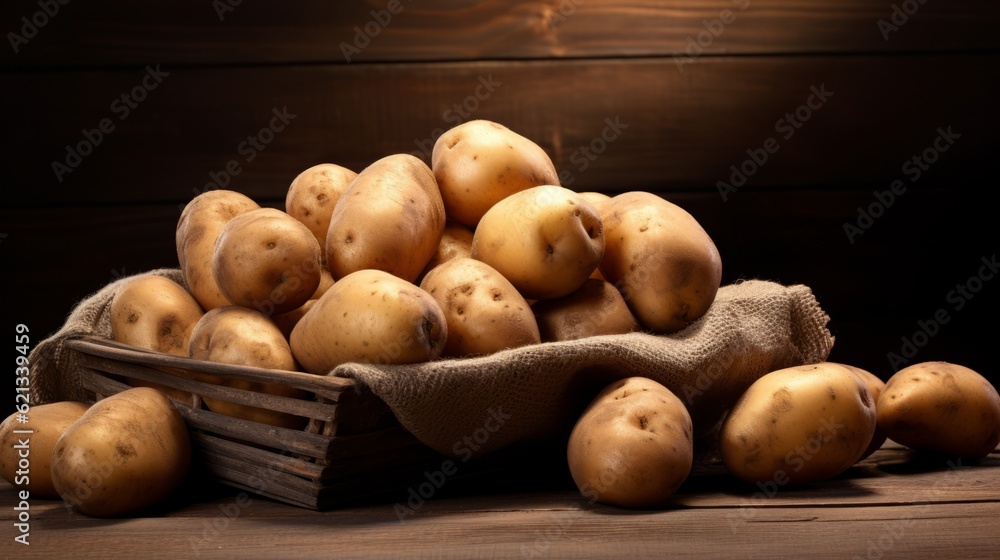 Harvest Food photography background - Potatoes vegetables on a dark wooden table (Generative Ai) Harvest Food photography background - Potatoes vegetables on a dark wooden table (Generative Ai)