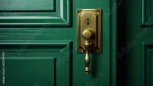 Green colored door with handle and lock close-up. Generative ai