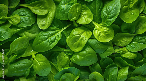 Fresh green baby spinach leaves, natural background. Generative ai