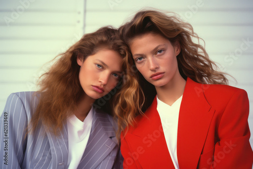 two female friends/models/lgbtq couple in magazine  editorial fashion/beauty photo shoot standing in daylight setting film photography look  - generative ai art