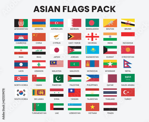 Asian Countries Vector Flags Pack Including Pakistan, India, Turkey, Saudi Arabia, UAE, China, and More. EPS 10 Vector