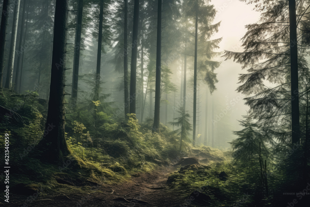 Fototapeta premium mesmerizing panoramic view of a dense, misty forest, with towering trees enveloped in fog, creating an ethereal and mystical atmosphere