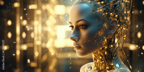 A close up of humanoid cyber girl with a neural network thinks. Gold robot woman or humanoid cyber girl. Artificial intelligence with a digital brain is learning to process big data