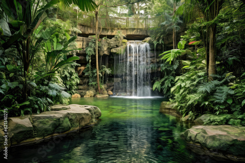 panoramic view of a cascading waterfall in a lush tropical rainforest, with the water plunging into a crystal-clear pool surrounded by vibrant green foliage