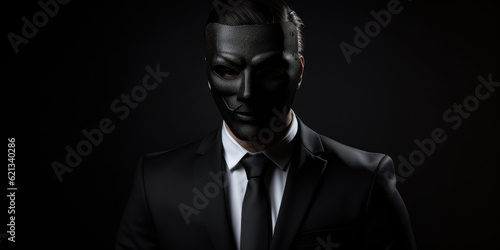 A man in a suit wearing black mask. Hiding his true identity, intentions, or actions. The sense of manipulation. A powerful representation of dishonesty and deception