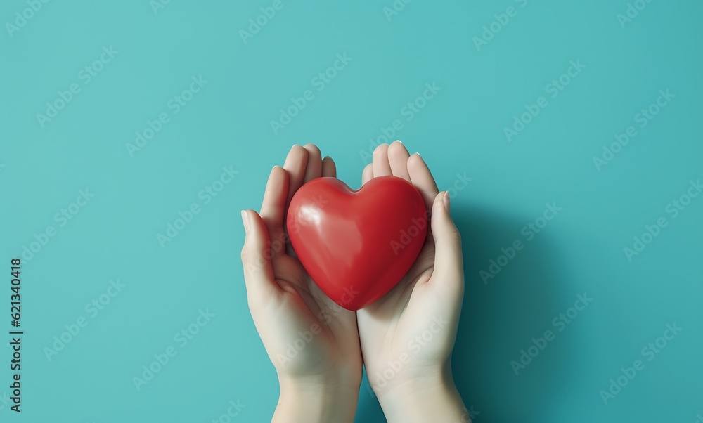 Fototapeta premium Female hands holding a red heart on a blue background ai generated