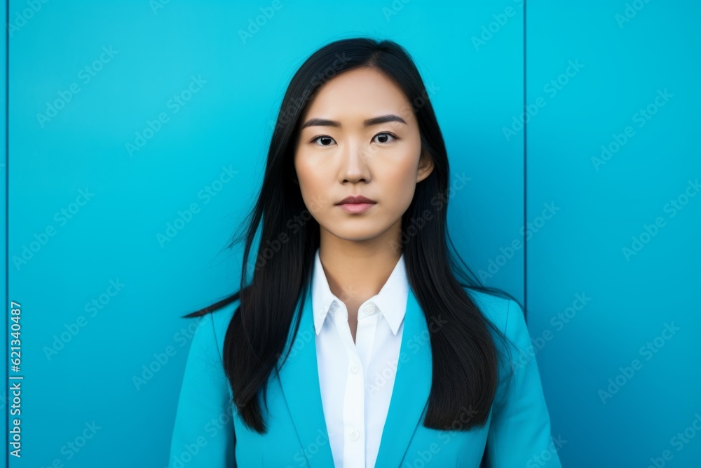 Close up female portrait beautiful young Asian woman in formal suit Korean businesswoman Chinese girl worker student top manager Japanese business intern employer female leader posing near blue wall Close up female portrait beautiful young Asian woman in formal suit Korean businesswoman Chinese girl worker student top manager Japanese business intern employer female leader posing near blue wall