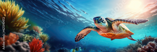 Close up underwater wild turtle floating over blue beautiful natural ocean background, with sunlight through water surface © DanteVeiil