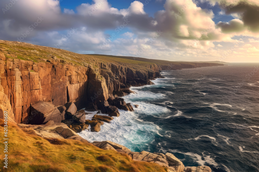 stunning panoramic view of a picturesque coastal cliff, with rugged rock formations, crashing waves, and a sweeping ocean vista, all under a dramatic cloudy sky stunning panoramic view of a picturesque coastal cliff, with rugged rock formations, crashing waves, and a sweeping ocean vista, all under a dramatic cloudy sky
