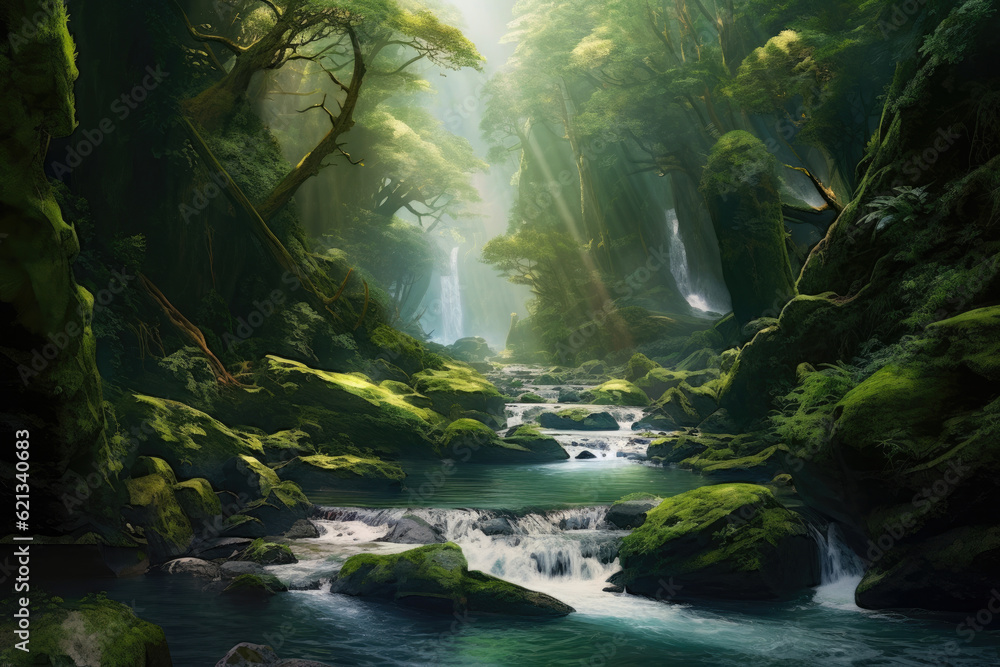 mesmerizing panoramic view of a cascading river in a deep forest gorge, with lush greenery, moss-covered rocks, and sunlight filtering through the dense canopy