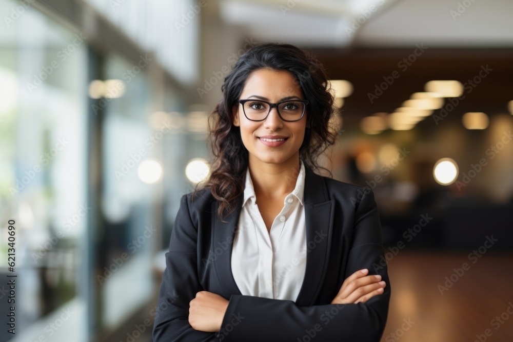 Hispanic smiling toothy Latino Indian successful confident Arabian businesswoman worker lady boss female leader girl business woman posing crossed hands looking at camera in office corporate portrait - obrazy, fototapety, plakaty 