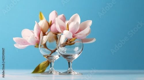 Glass vase of white natural magnolias flowers on blue. Generative ai