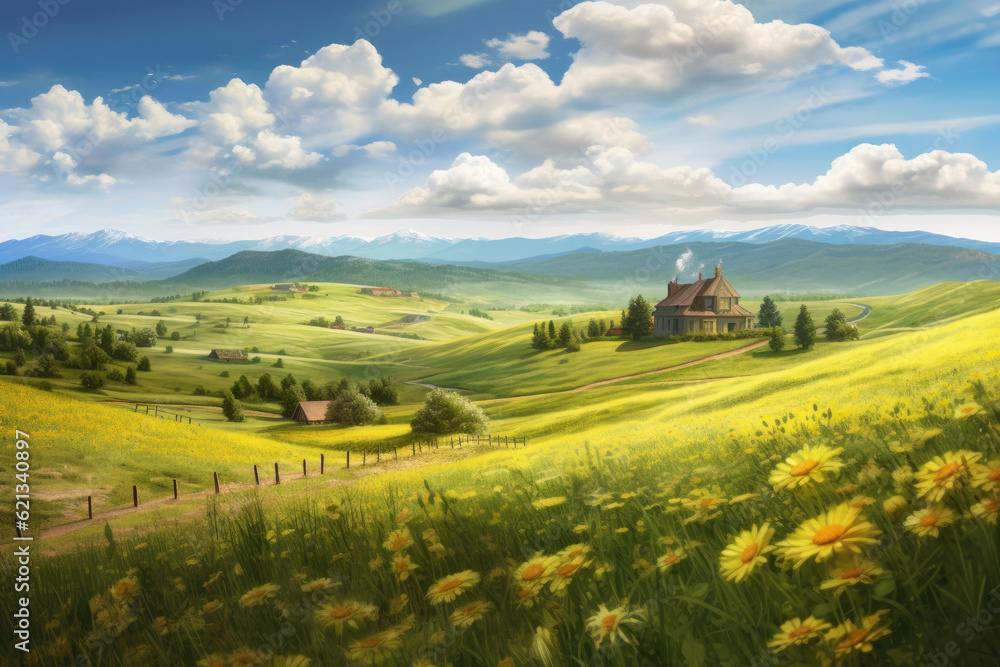 panoramic view of a serene countryside meadow, with rolling hills, blooming wildflowers, and a charming farmhouse nestled among the picturesque landscape