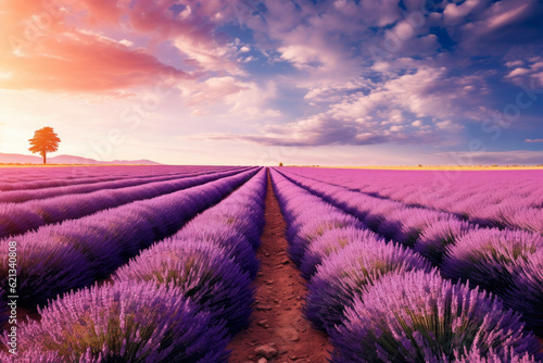 expansive panoramic shot of a vast lavender field in full bloom, with rows upon rows of purple flowers stretching as far as the eye can see, creating a stunning display of color