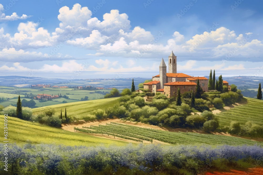 expansive panoramic view of a peaceful countryside, with rolling green hills, meandering rivers, and charming farmhouses dotted across the landscape, creating a serene expansive panoramic view of a peaceful countryside, with rolling green hills, meandering rivers, and charming farmhouses dotted across the landscape, creating a serene