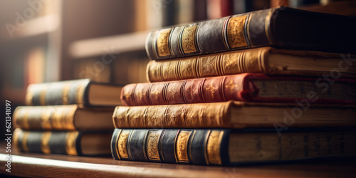 Banner or header image with stack of antique leather books in library. Literature or reading concept