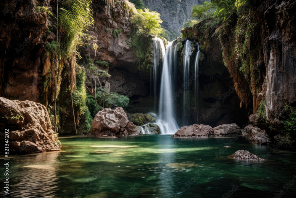 panoramic shot of a majestic waterfall surrounded by lush vegetation, with water cascading down rugged cliffs into a sparkling pool below, capturing the raw power panoramic shot of a majestic waterfall surrounded by lush vegetation, with water cascading down rugged cliffs into a sparkling pool below, capturing the raw power