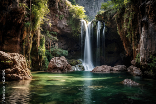 panoramic shot of a majestic waterfall surrounded by lush vegetation, with water cascading down rugged cliffs into a sparkling pool below, capturing the raw power