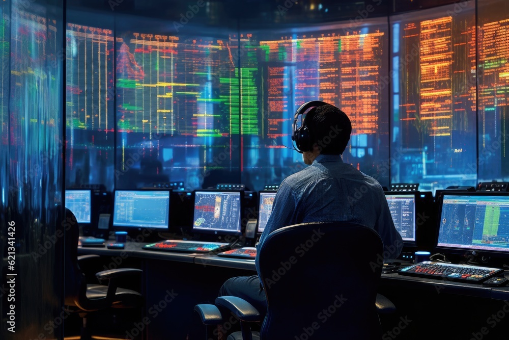 On a bustling trading floor, a broker is absorbed in screens displaying graphs and numbers. Generative AI On a bustling trading floor, a broker is absorbed in screens displaying graphs and numbers. Generative AI