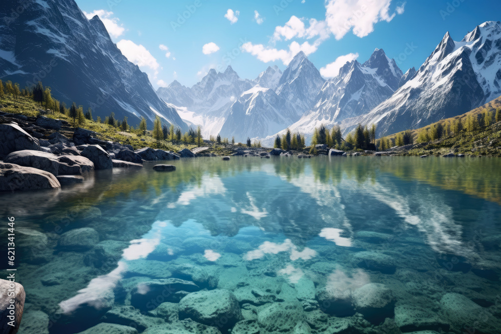 expansive panoramic shot of a tranquil lake surrounded by majestic mountains, with the reflection of the snow-capped peaks shimmering on the serene water surface