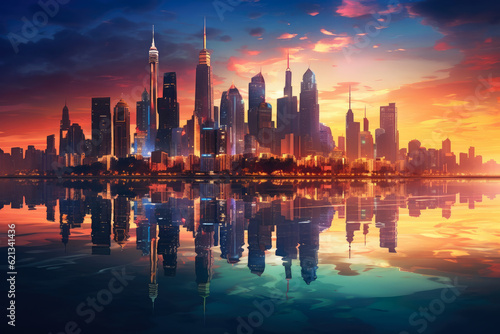 panoramic view of a vibrant city skyline at twilight  with illuminated skyscrapers  city lights reflecting on the calm river  and a captivating blend of urban energy