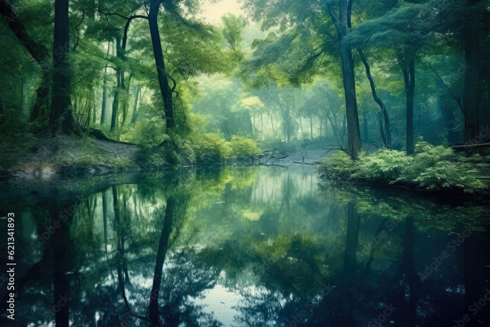 Obraz premium panoramic view of a tranquil forest lake surrounded by lush green trees, with the reflection of the surrounding nature mirrored on the glass-like water surface