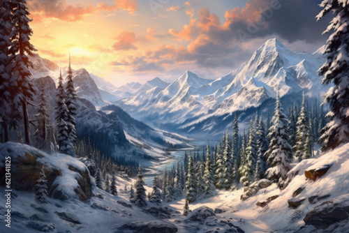 awe-inspiring panoramic shot of a snow-covered mountain range, with towering peaks, deep valleys, and a pristine winter landscape, evoking a sense of grandeur and awe © aicandy
