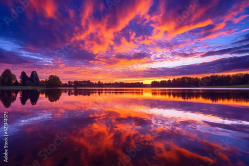 stunning panoramic shot of a colorful sunset over a tranquil lake, with the sky ablaze in hues of orange, pink, and purple, reflecting on the calm water surface