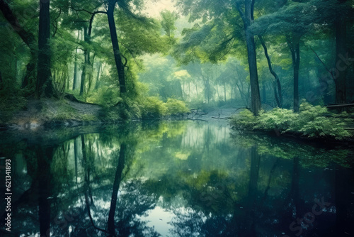 panoramic view of a tranquil forest lake surrounded by lush green trees  with the reflection of the surrounding nature mirrored on the glass-like water surface